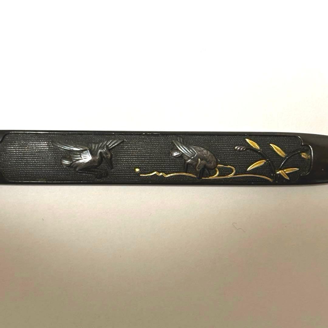 笄　刀装具　流水に水鳥図　赤胴魚々子地　金象嵌色絵