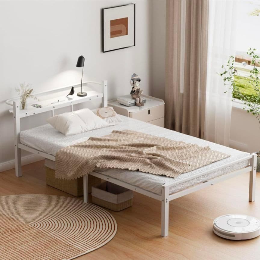 ベッドフレーム シングル 2口コンセント ホワイト パイプベッド 組立簡単