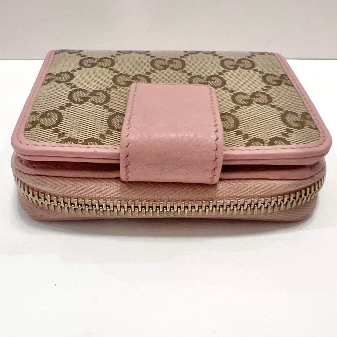 グッチ 折り財布 GGキャンバス GG ラウンドファスナー コンパクト ピンク