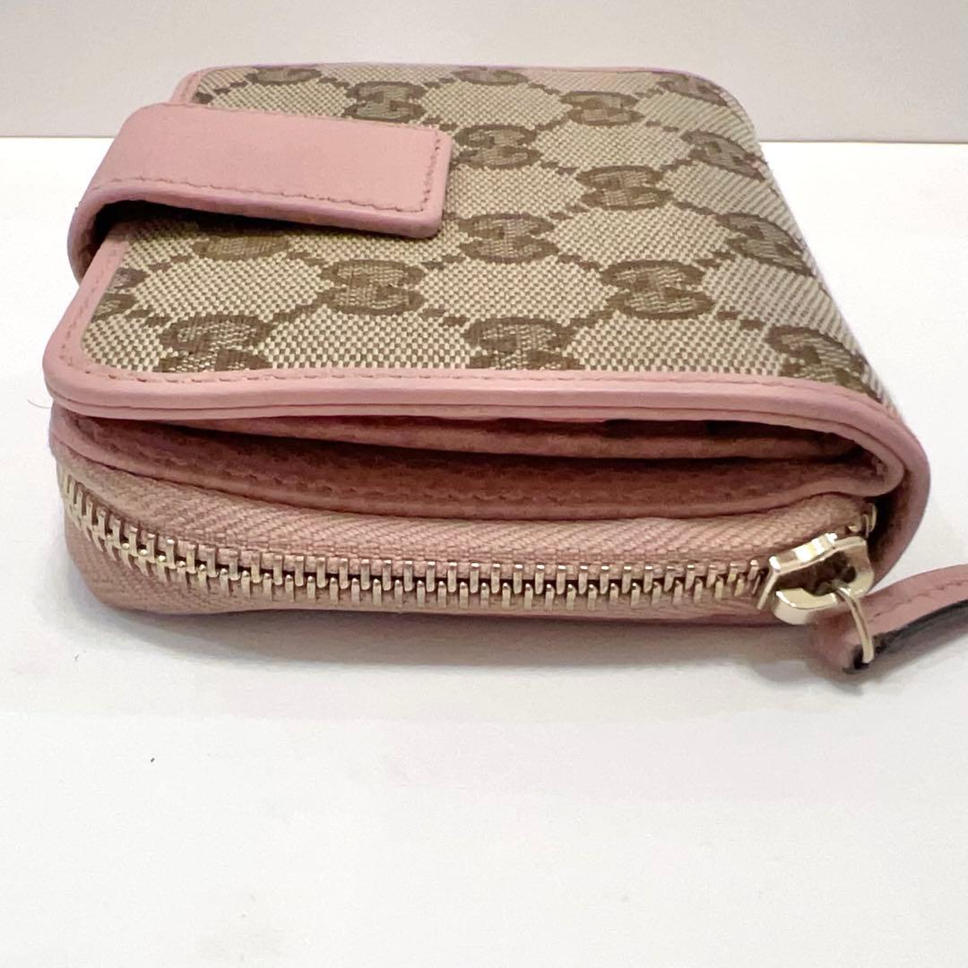 グッチ 折り財布 GGキャンバス GG ラウンドファスナー コンパクト ピンク