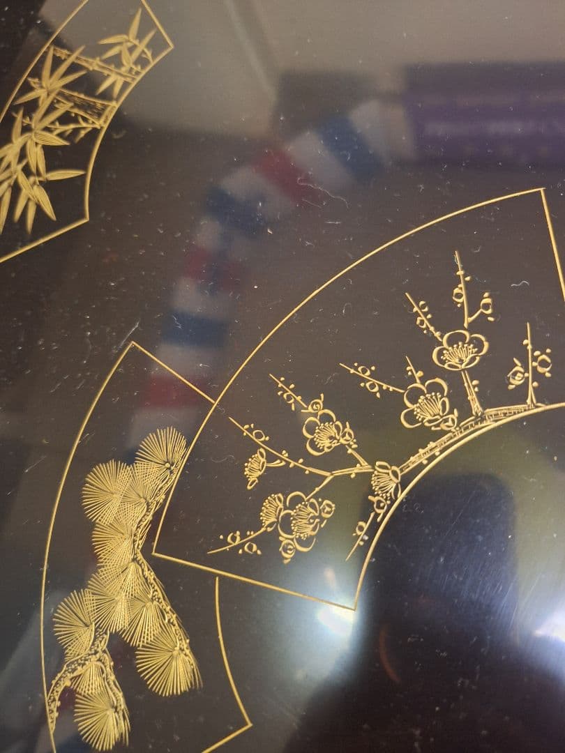 新品!輪島塗祝盆　扇面　沈金　アジロ網代付き