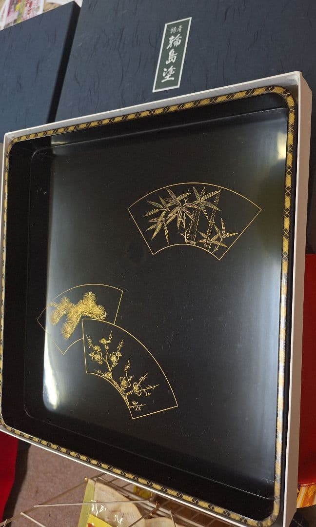 新品!輪島塗祝盆　扇面　沈金　アジロ網代付き