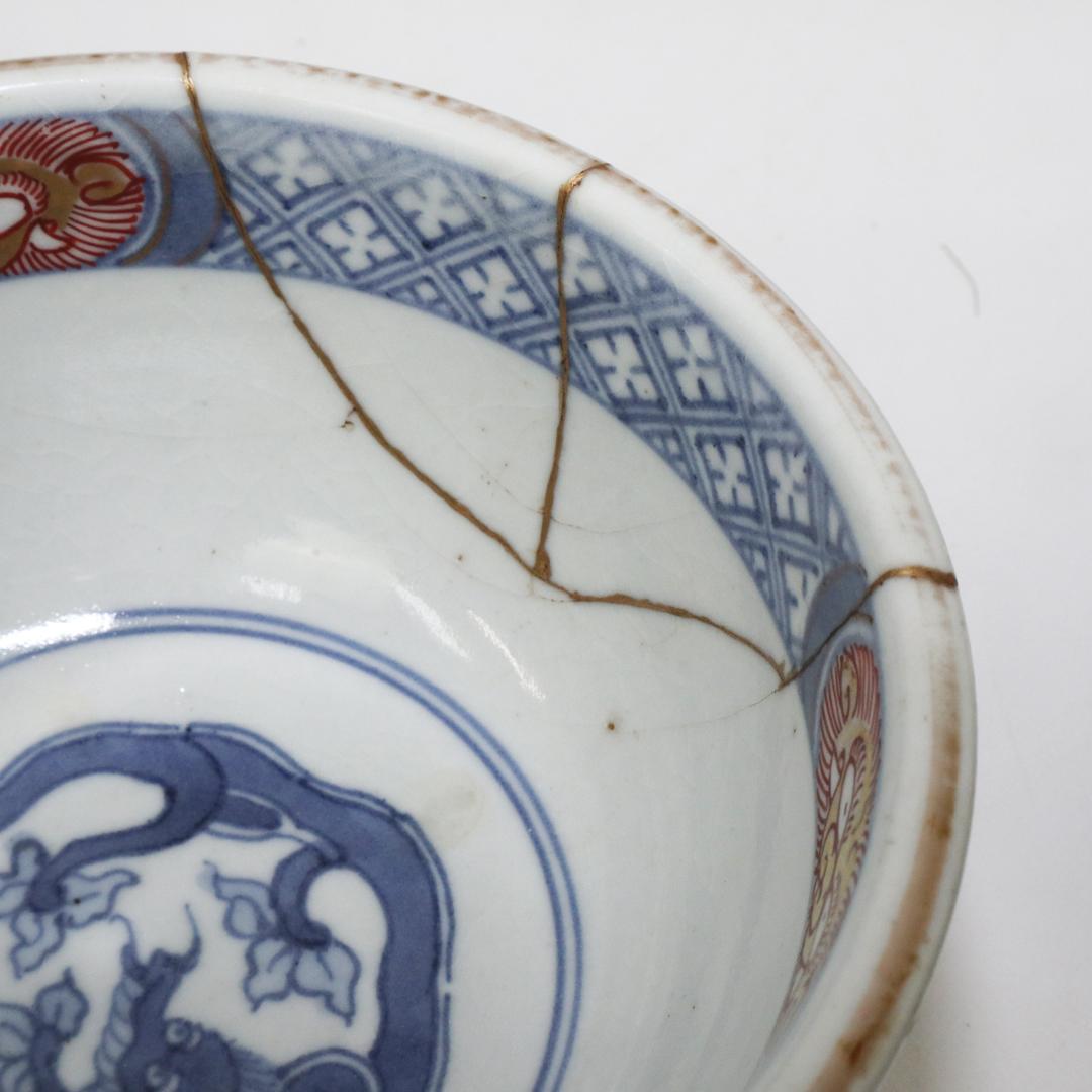 冨貴長春　蓋付茶碗　錦絵 染付 金彩 古伊万里　7客　吉祥　1客に金継ぎ有り