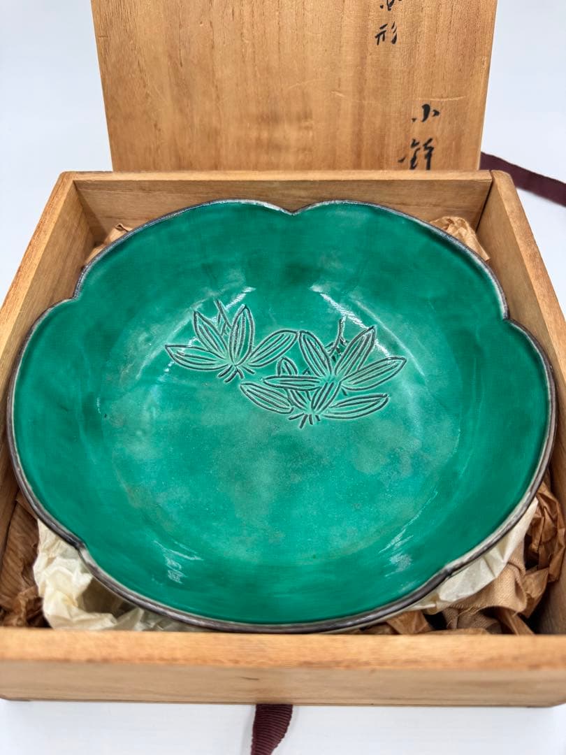 079乾山写 梅花形 小鉢 菓子鉢 九谷味渓窯 矢口永寿 共箱 九谷焼 鉢