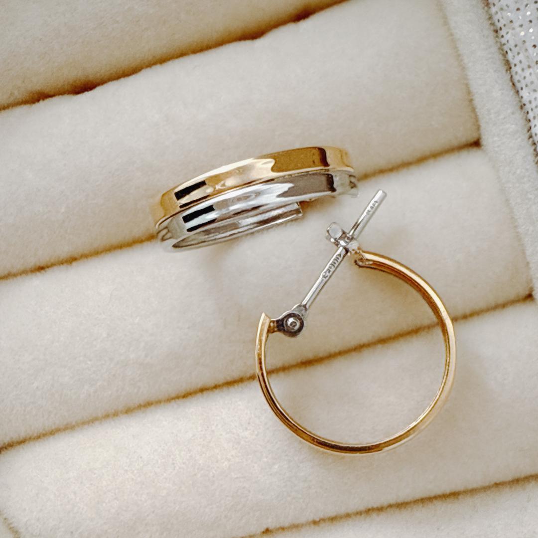 18金+プラチナ【2連コンビフープピアス】刻印入 日本製 ペア 新品！