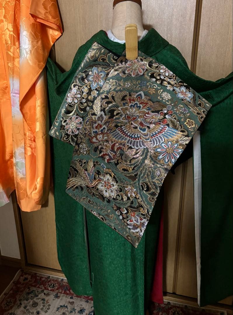 正絹　辻ヶ花地文　正絹無地振袖 花紋　トールゆったりサイズ エメラルドグリーン