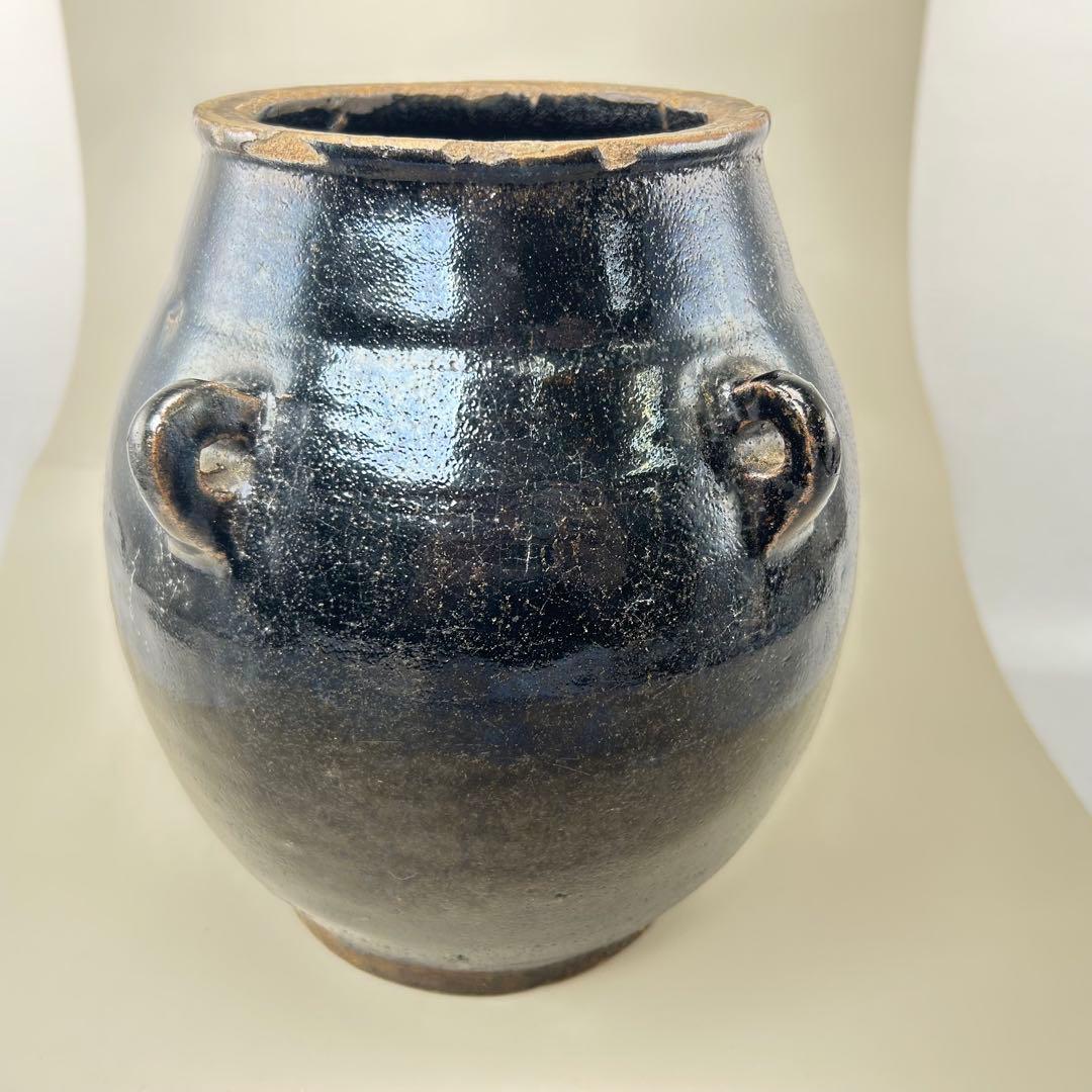 李朝初期 黒高麗壷 黒釉 李朝 壷 伝世品焼物 骨董 古玩 朝鮮 四耳瓶