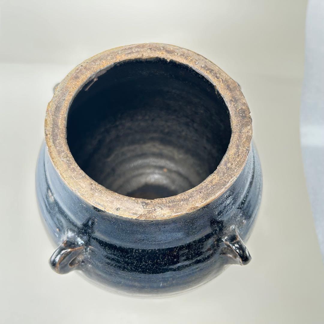 李朝初期 黒高麗壷 黒釉 李朝 壷 伝世品焼物 骨董 古玩 朝鮮 四耳瓶