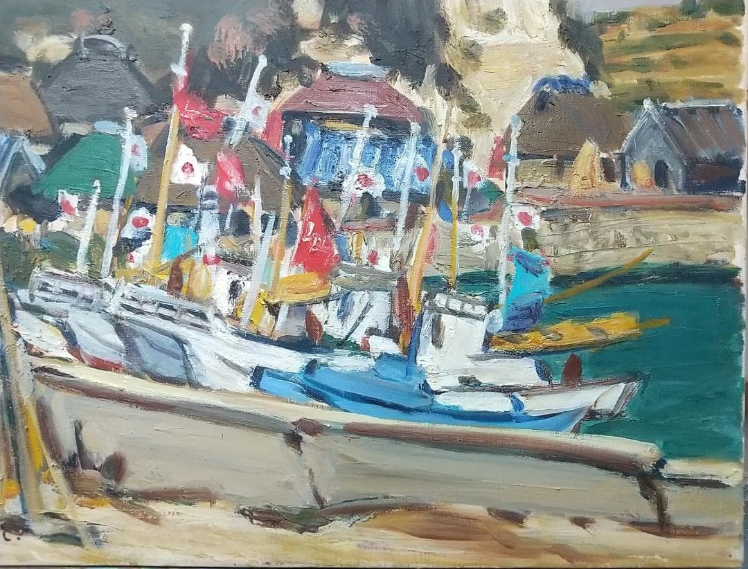 「浜の正月」F10 '68 油絵 絵画 油彩画 日本 日の丸 国旗