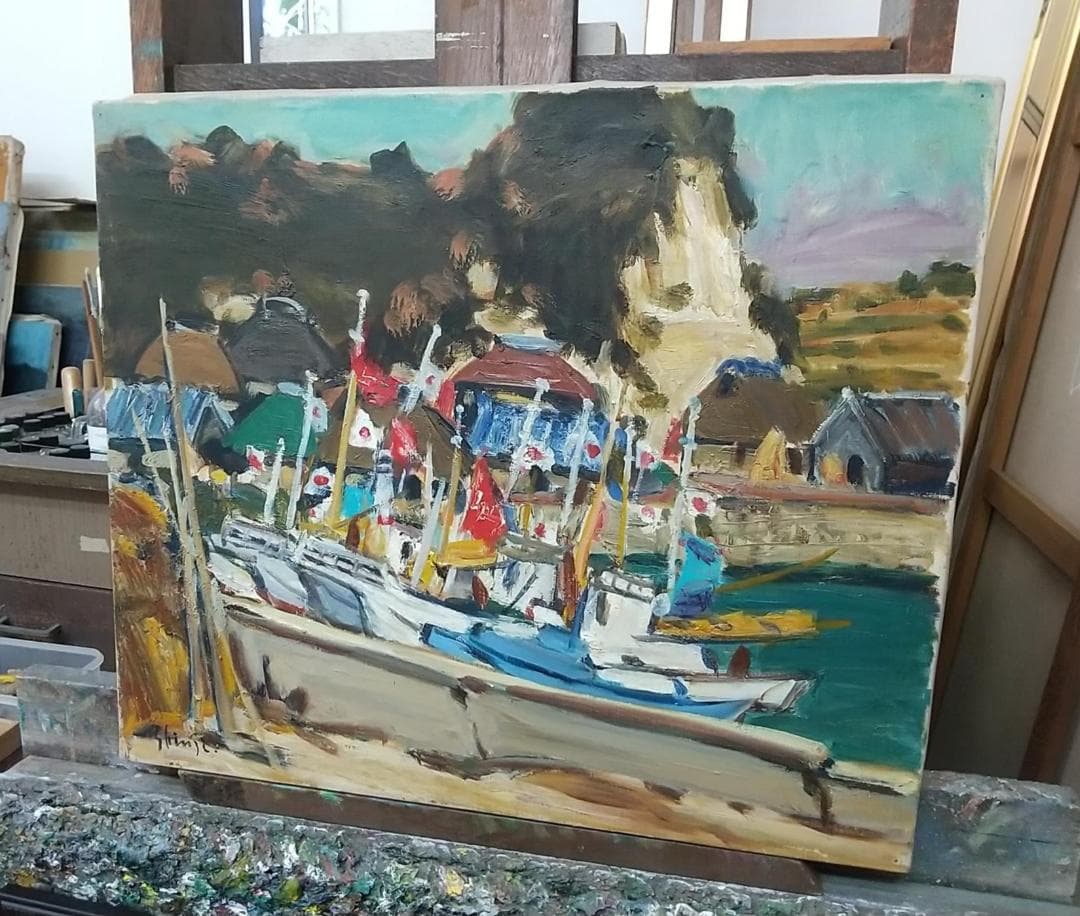 「浜の正月」F10 '68 油絵 絵画 油彩画 日本 日の丸 国旗