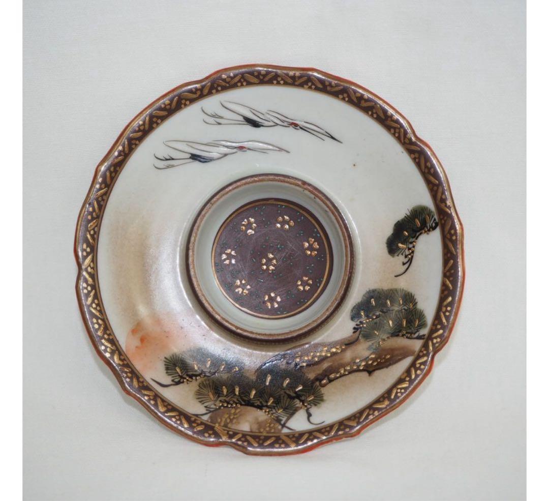 送料無料 明治～大正九谷焼　手描き松鶴紋杯台/盃台5客　完品無傷