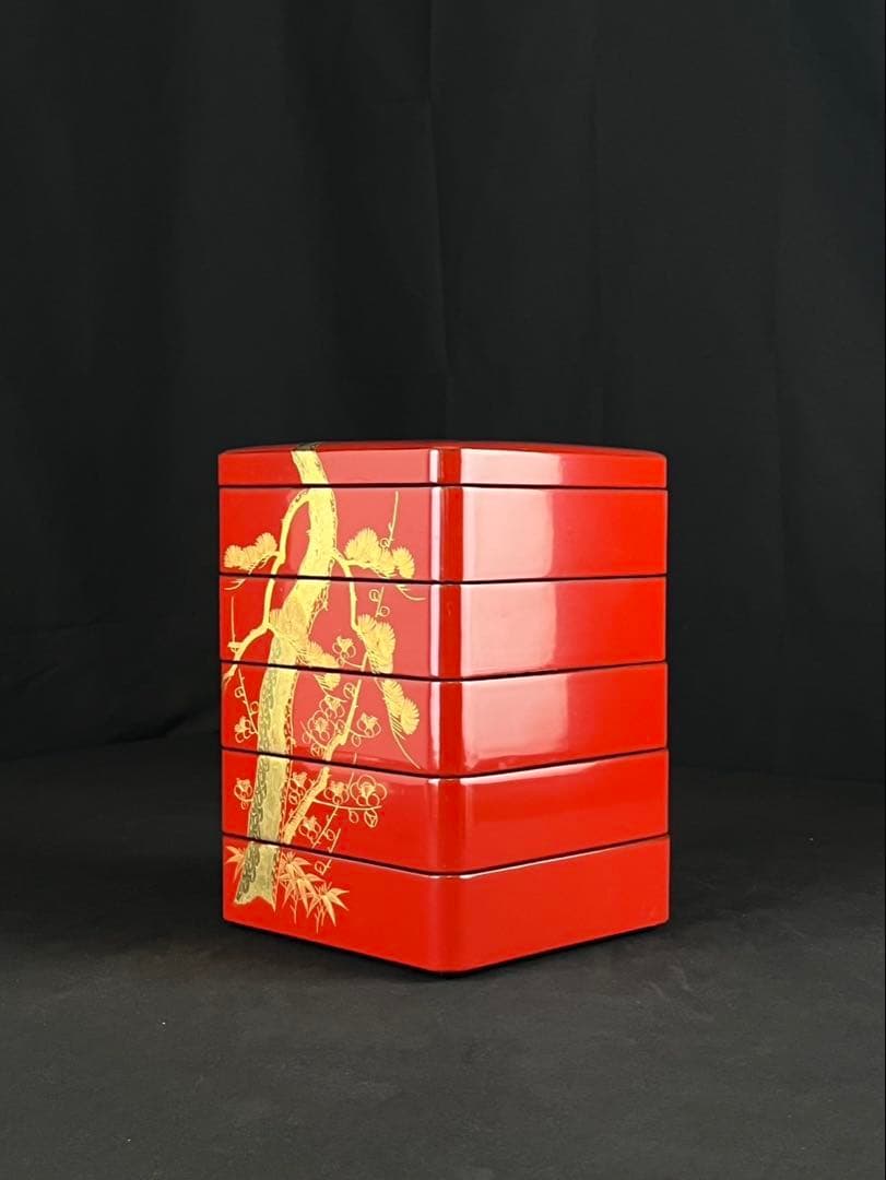 朱塗 屠蘇器・重箱セット 木製漆器 松竹梅 沈金 縁起柄 長寿 共箱