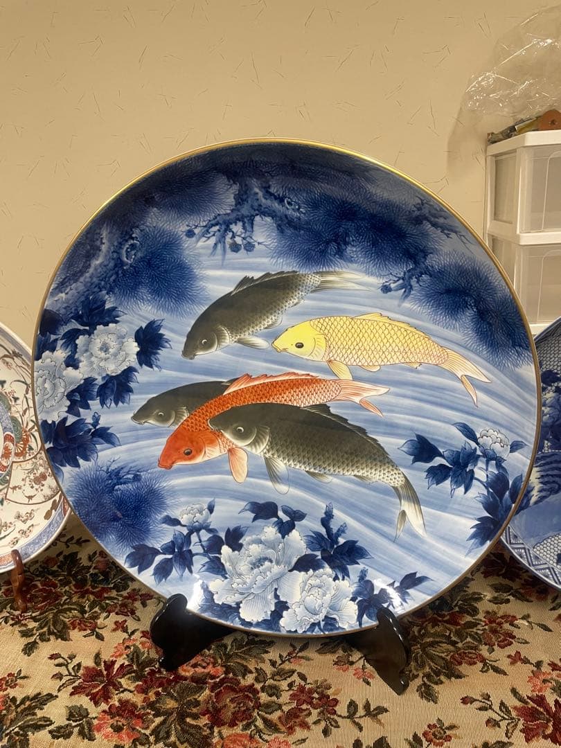 有田焼 真照作 鯉図 額皿 大皿 飾り皿 時代 希少 染付 骨董品 古美術品