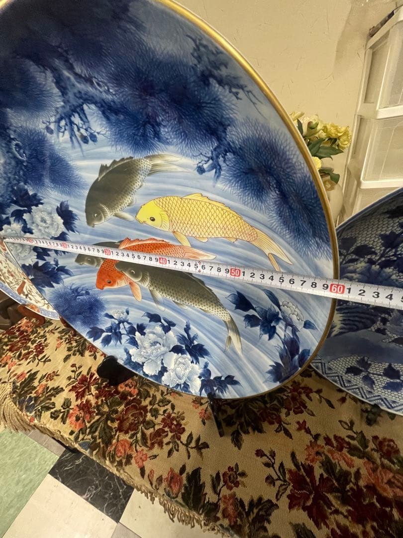 有田焼 真照作 鯉図 額皿 大皿 飾り皿 時代 希少 染付 骨董品 古美術品