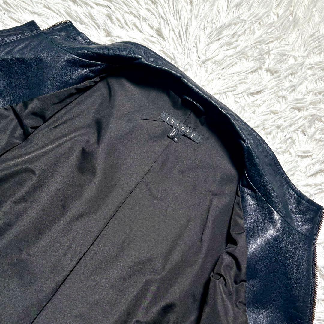 【美品】Theory 羊革　シングルライダースジャケット　紺　M シープレザー