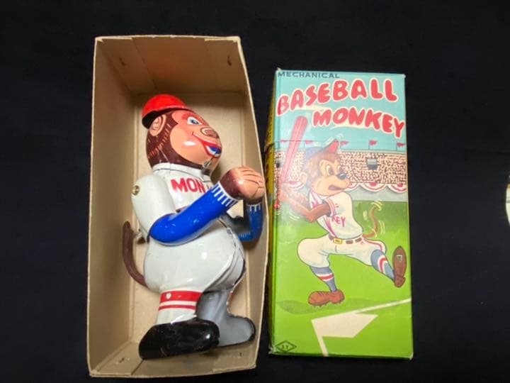 ⭐️珍品！！1950年代？のゼンマイ式ブリキのBASEBALL MONKEY/箱付