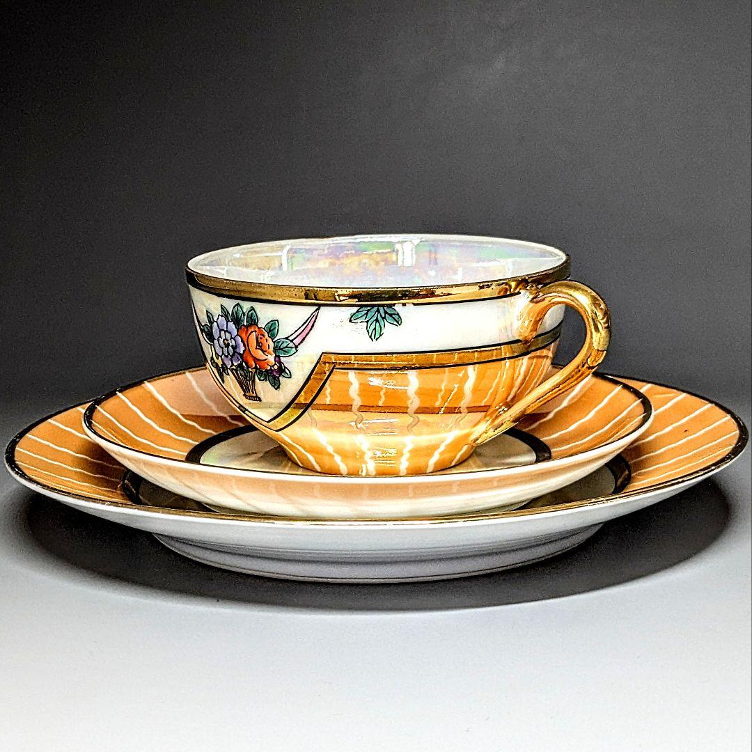 オールドノリタケ アールデコ期大銘品！金彩虹ラスター花籠絵図キャビネット トリオ