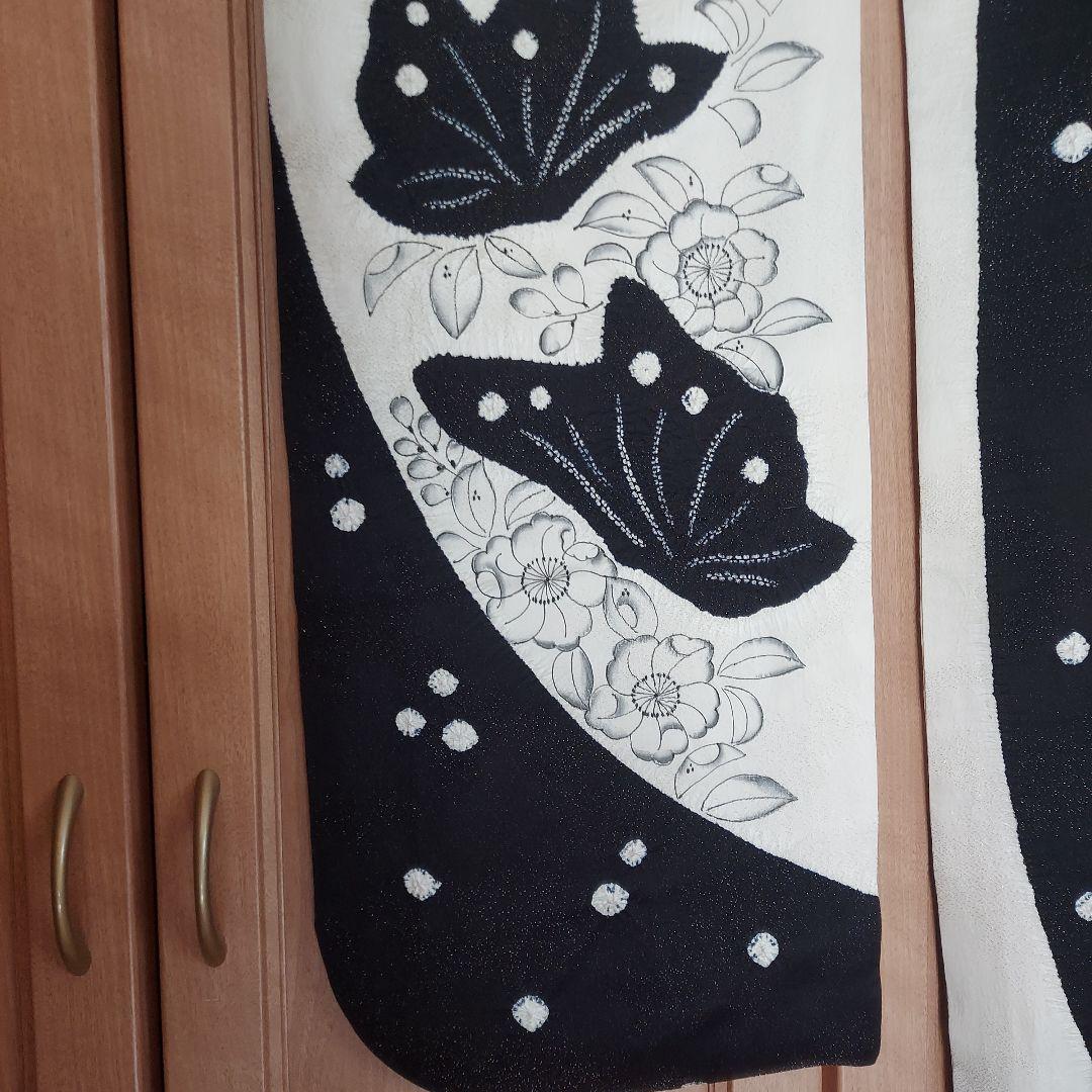 正絹振袖 蝶と辻ヶ花模様 黒と白 帯揚げ 帯締め 重ね襟 髪飾り