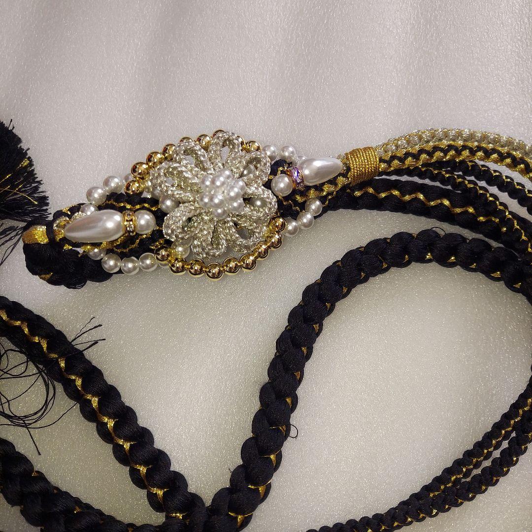 正絹振袖 蝶と辻ヶ花模様 黒と白 帯揚げ 帯締め 重ね襟 髪飾り