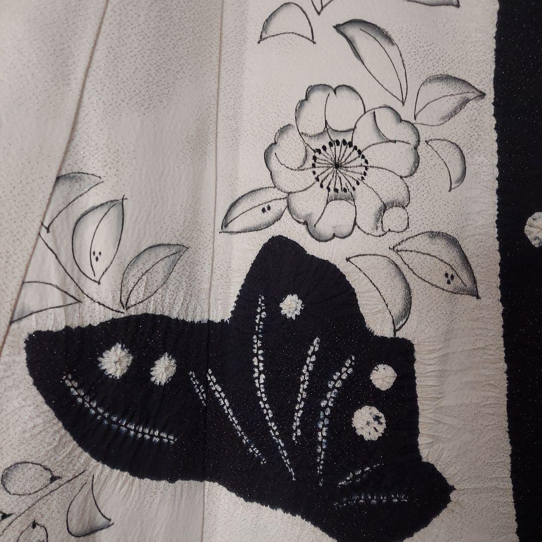 正絹振袖 蝶と辻ヶ花模様 黒と白 帯揚げ 帯締め 重ね襟 髪飾り