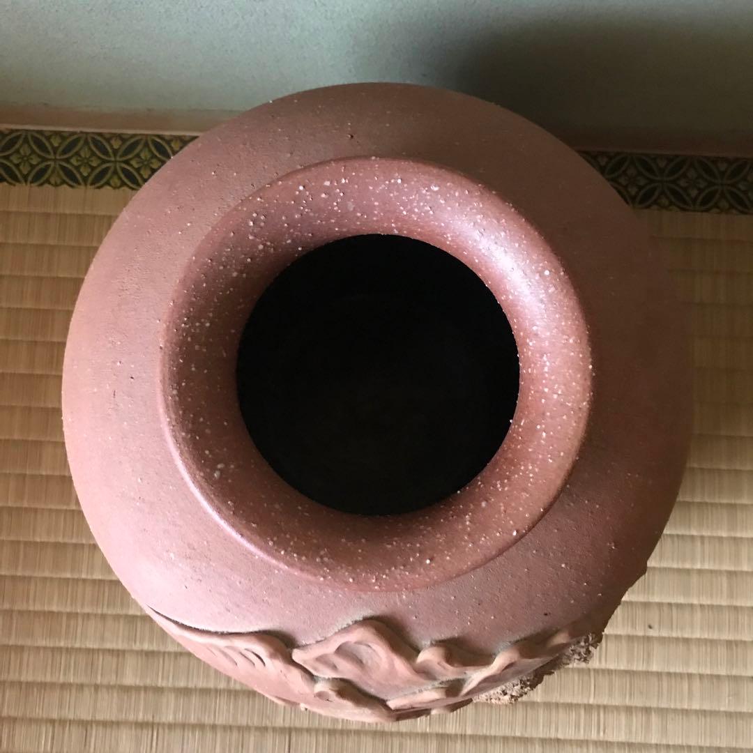 希少 特大 信楽焼 紫郎作 山水 立体 彫刻 丸壺 花瓶
