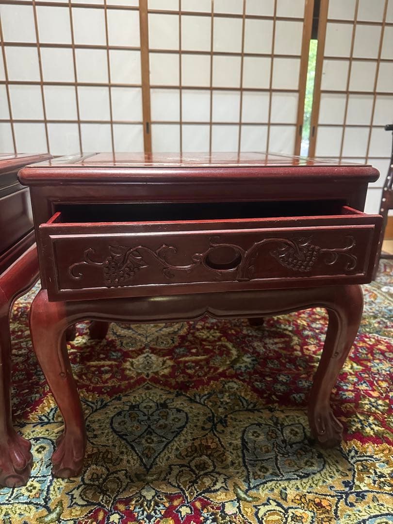 螺鈿細工 引き出し收納　木彫 花台 電話台 置物台 サイドテーブル2点セット