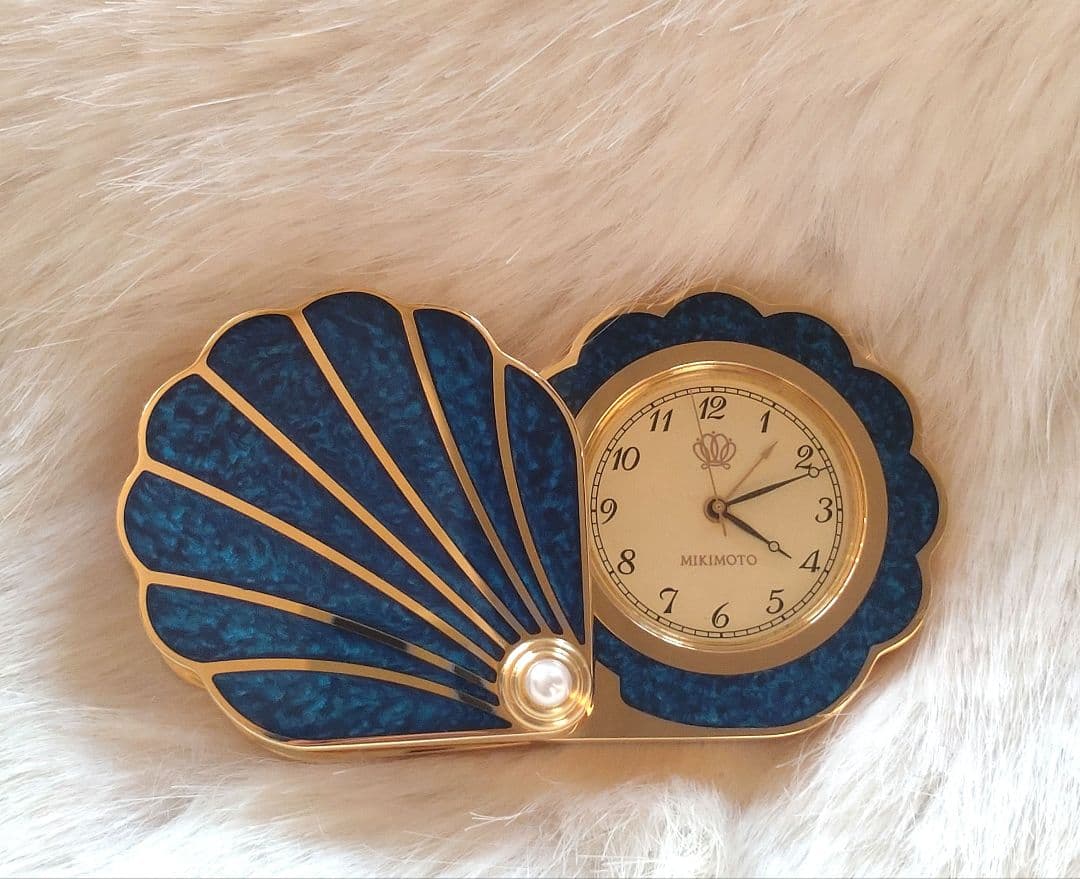 【美品】◆MiKIMOTO◆ミキモト シェル型時計 ブルー ゴールド 真珠付