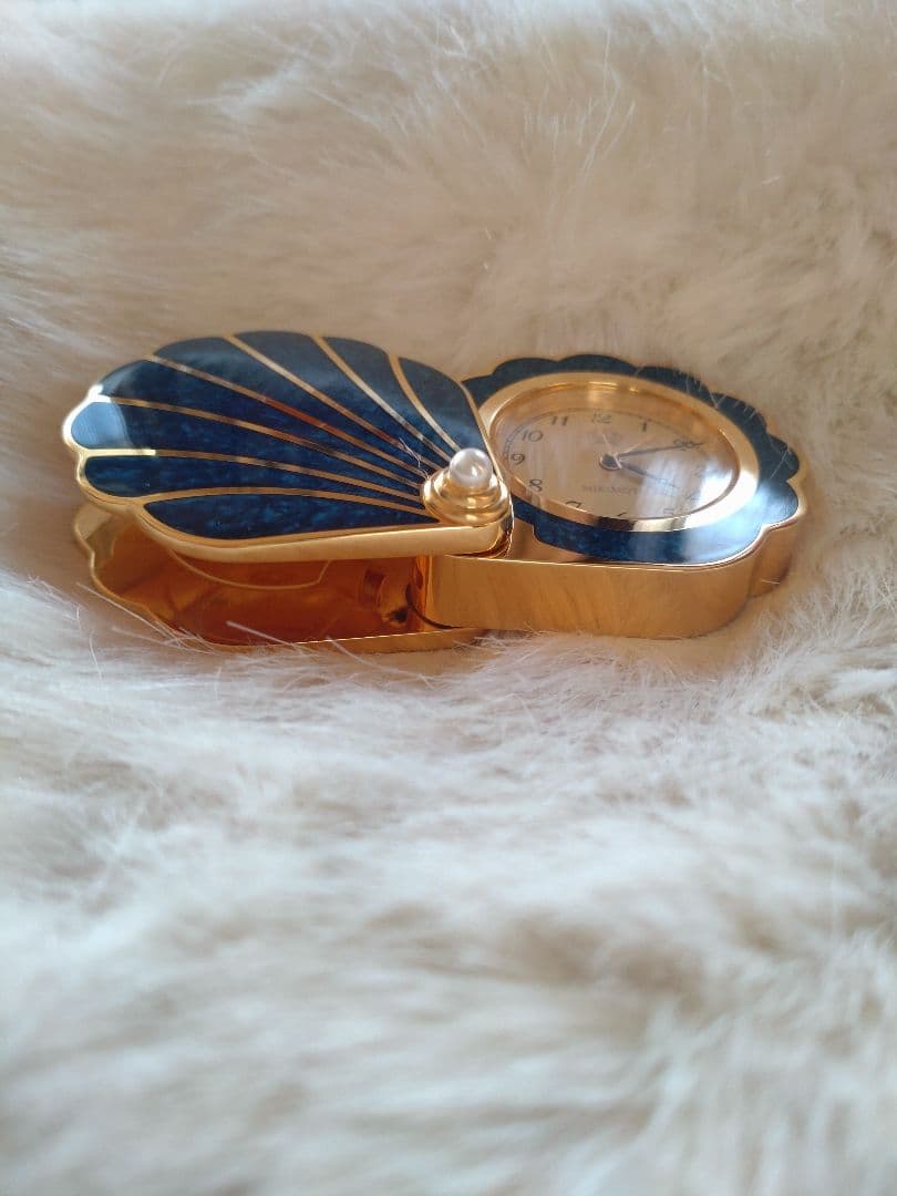 【美品】◆MiKIMOTO◆ミキモト シェル型時計 ブルー ゴールド 真珠付