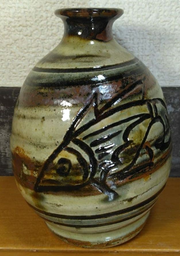 人間国宝 金城次郎 徳利 栞 共箱 美品 壺屋焼 壷屋焼 魚紋徳利 やちむん