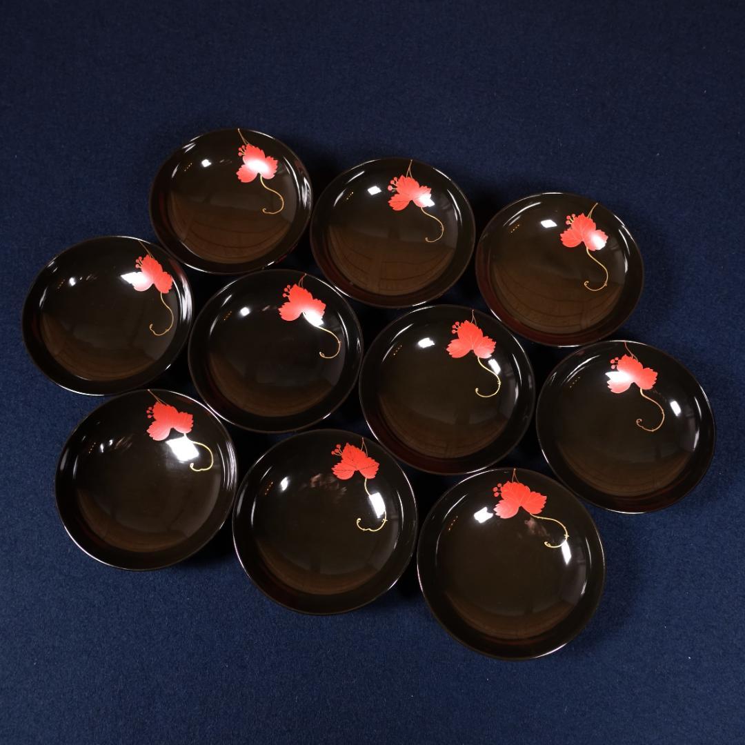 上品な逸品 天然木製漆器 紅葉蒔絵 吸物椀 10客 木箱付