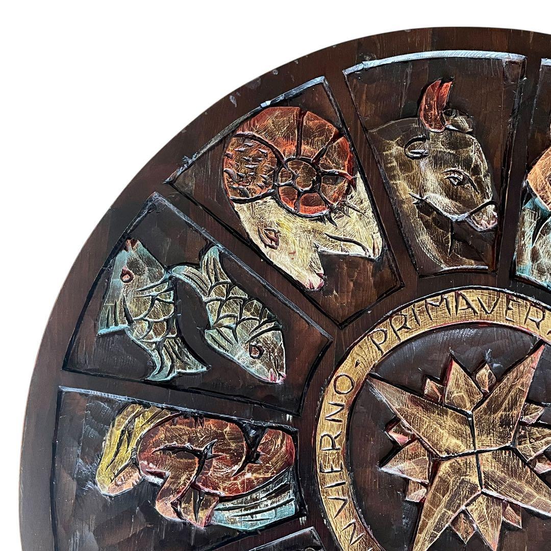 スペイン ビンテージ 彫刻 ラウンド 丸 ローテーブル ガラス天板 直径80cm