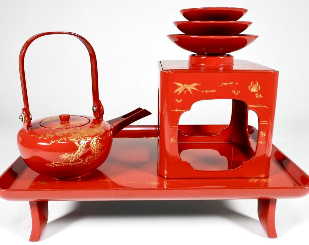 輪島塗　屠蘇器　本漆　沈金　松鶴亀紋 盃　銚子　盆　木製