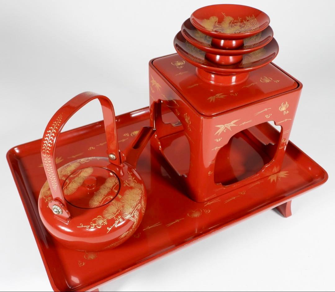 輪島塗　屠蘇器　本漆　沈金　松鶴亀紋 盃　銚子　盆　木製