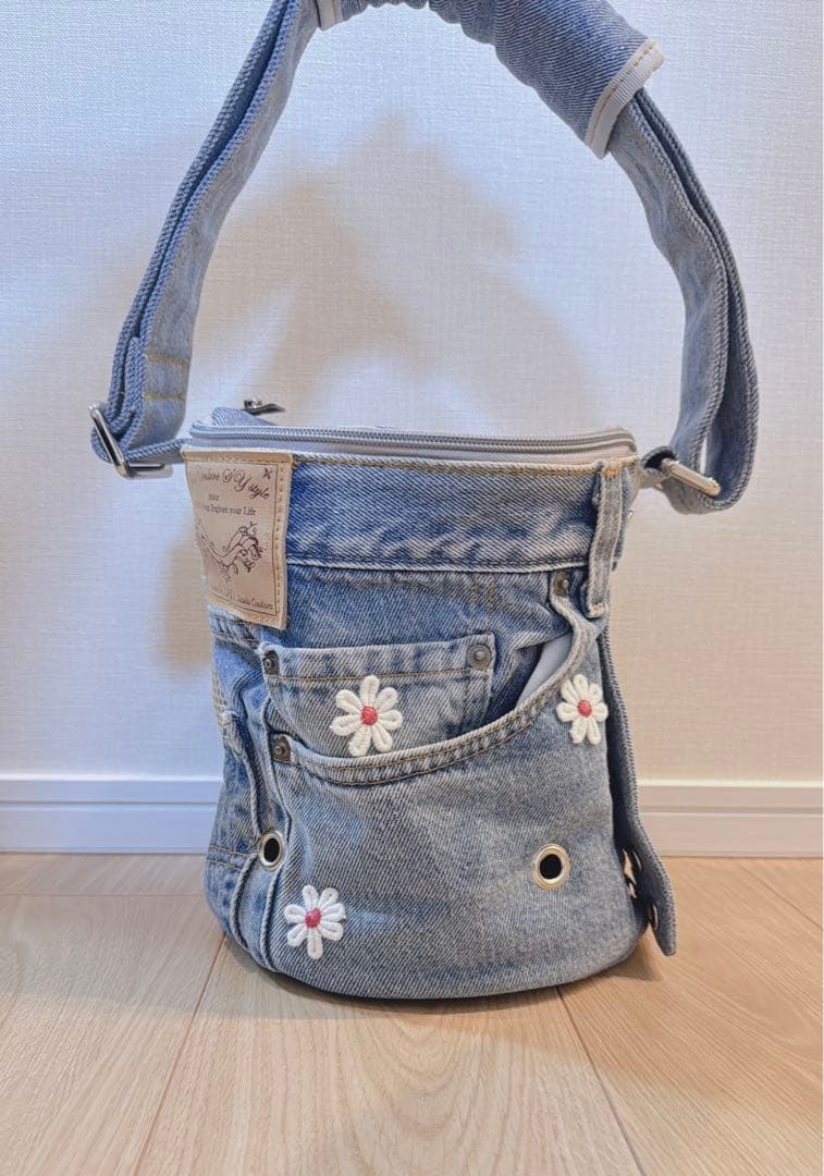 SAYO デニムリメイク 小型犬猫用バケツ型キャリーバックルシアンエサヨ