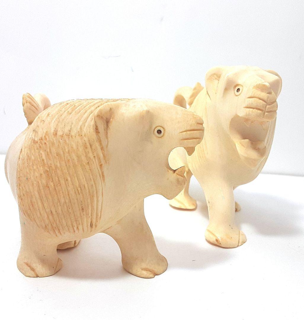 Y667-3 極上 高級彫刻 ライオン細工 置物 2体セット 総重量445g