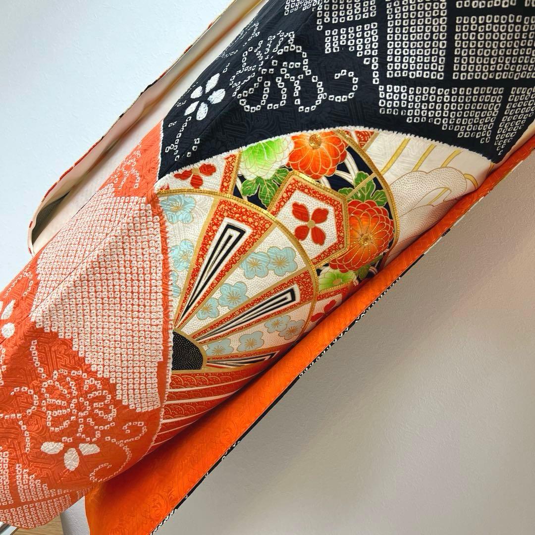 386 振袖フルセット 正絹 橙 黄色 黒 絞り 金彩 駒刺繍 レトロ 古典柄
