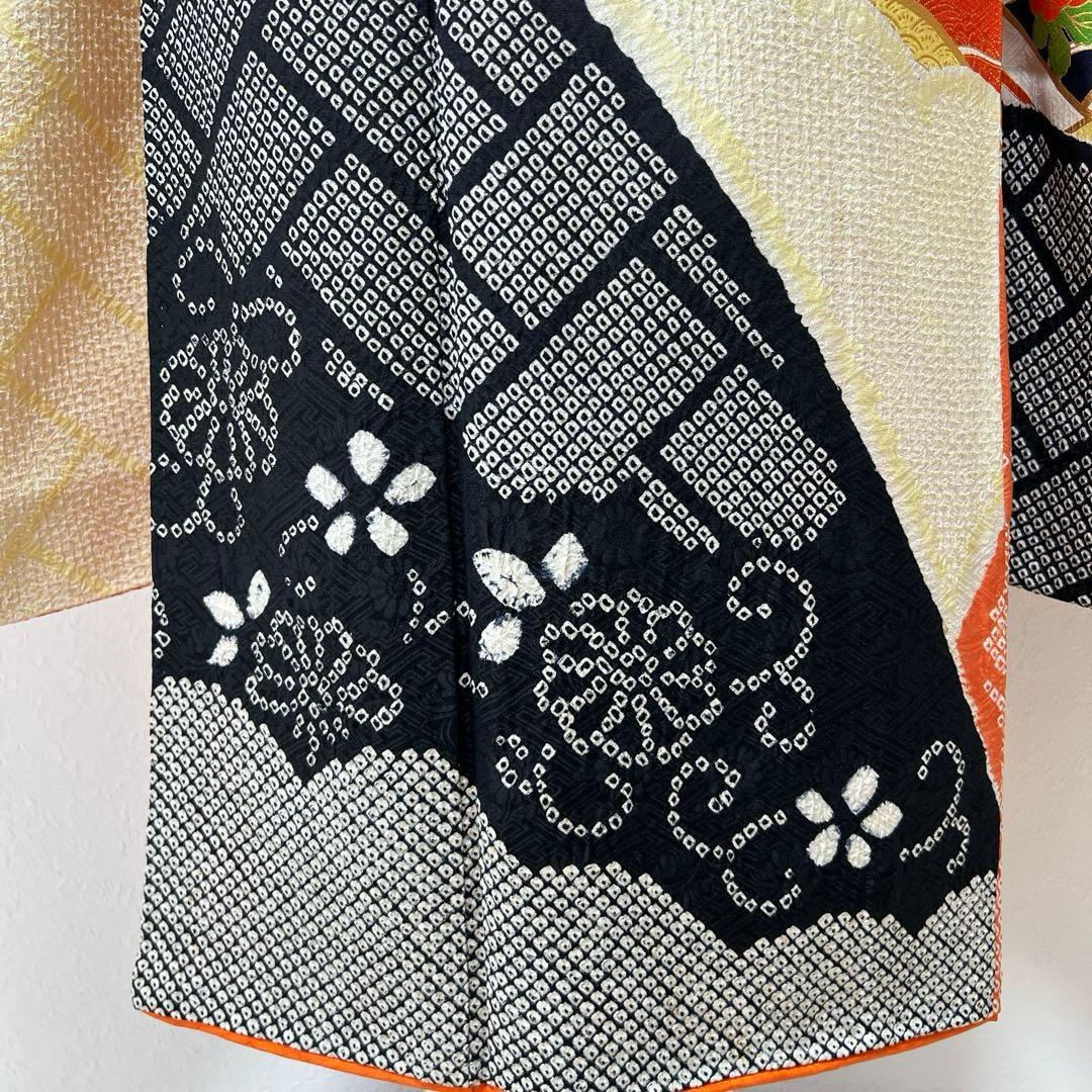 386 振袖フルセット 正絹 橙 黄色 黒 絞り 金彩 駒刺繍 レトロ 古典柄