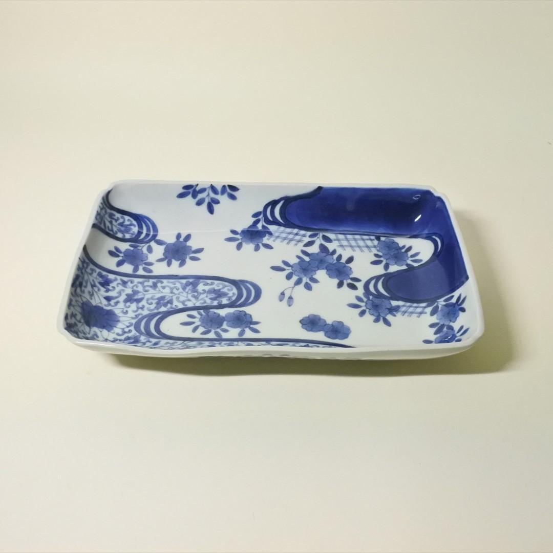江戸中期　古伊万里　染付　流水紋　長皿　骨董品　アンティーク