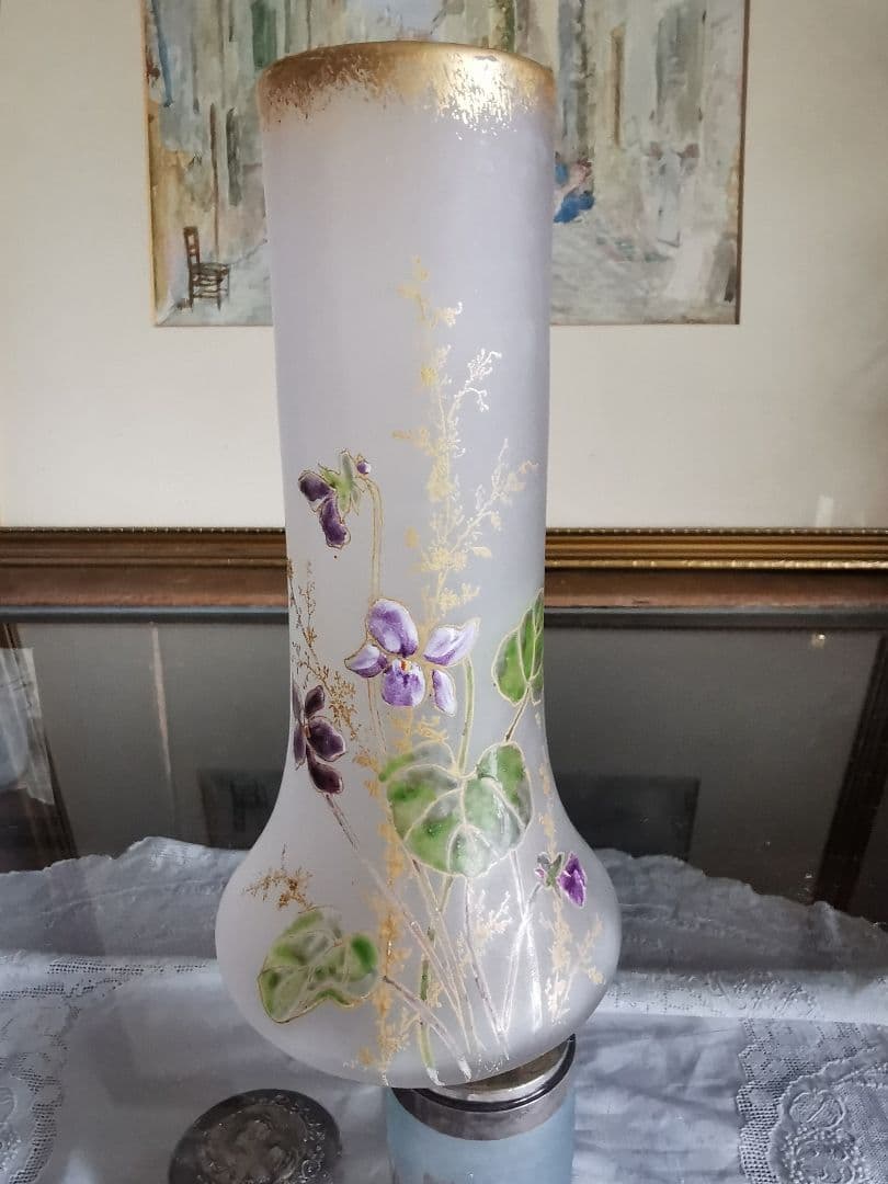 アンティークフランス ルグラ 手描き盛上げエナメル金彩 菫紋 ヴィオラガラス花瓶