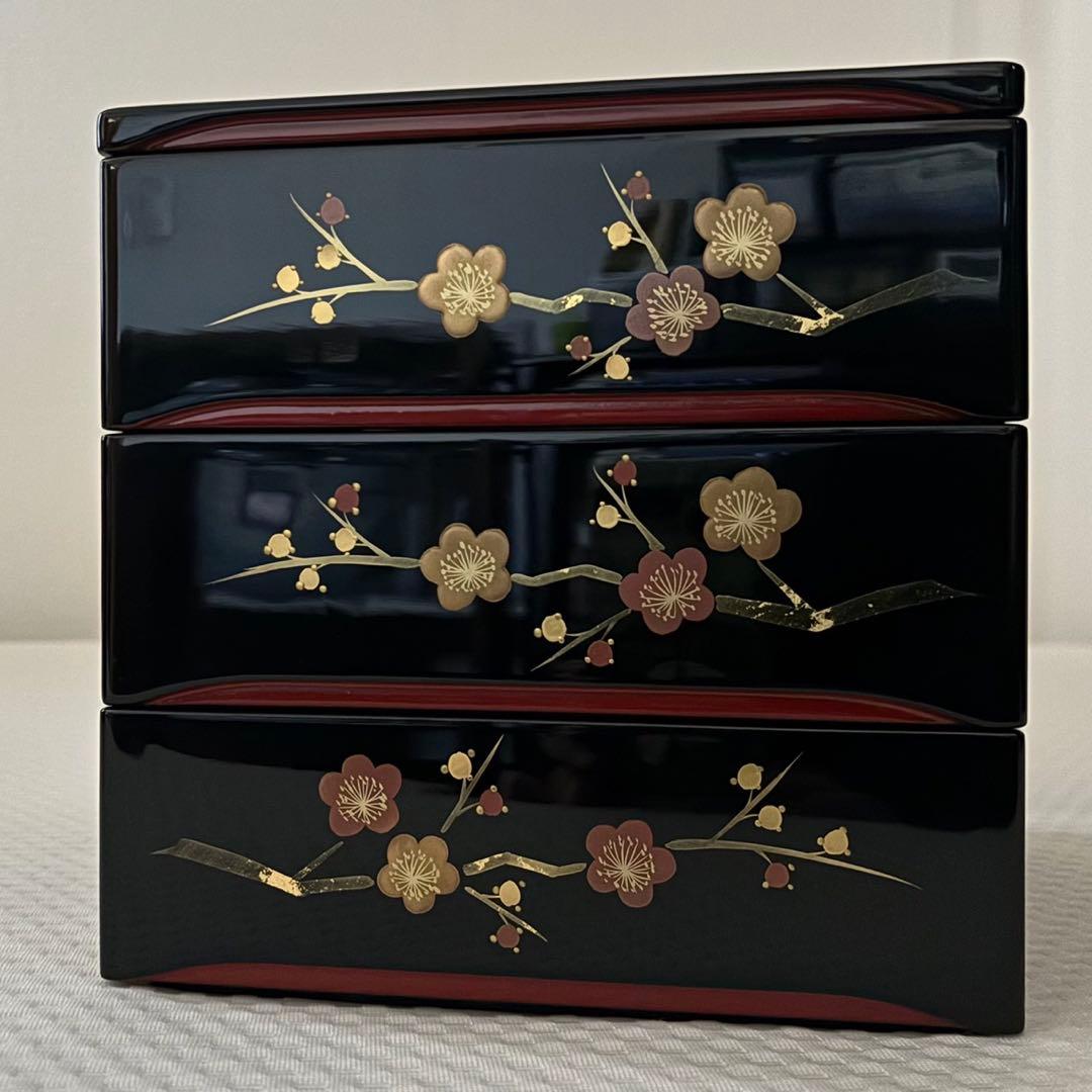 木製漆器　3段重箱　焼金　蒔絵　枝梅　6.5寸　会津ぬ里