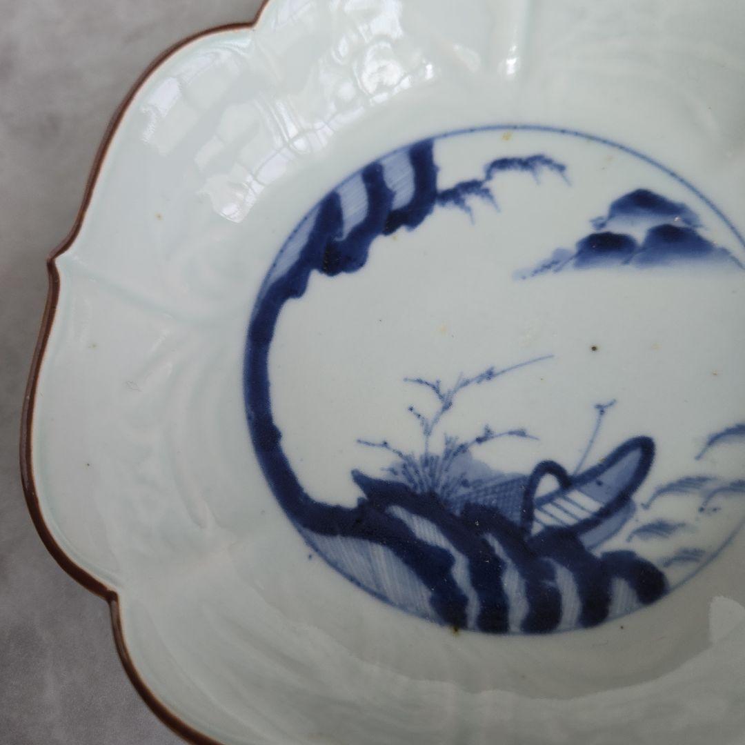 古伊万里　白磁陽刻　染付　隅入深皿　アンティーク　骨董　金継ぎ練習　金直し　船