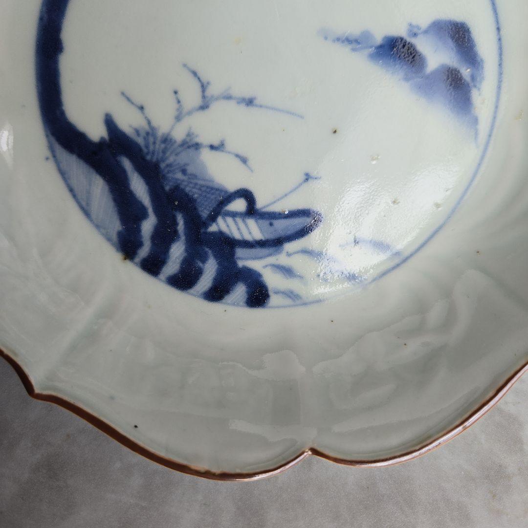 古伊万里　白磁陽刻　染付　隅入深皿　アンティーク　骨董　金継ぎ練習　金直し　船