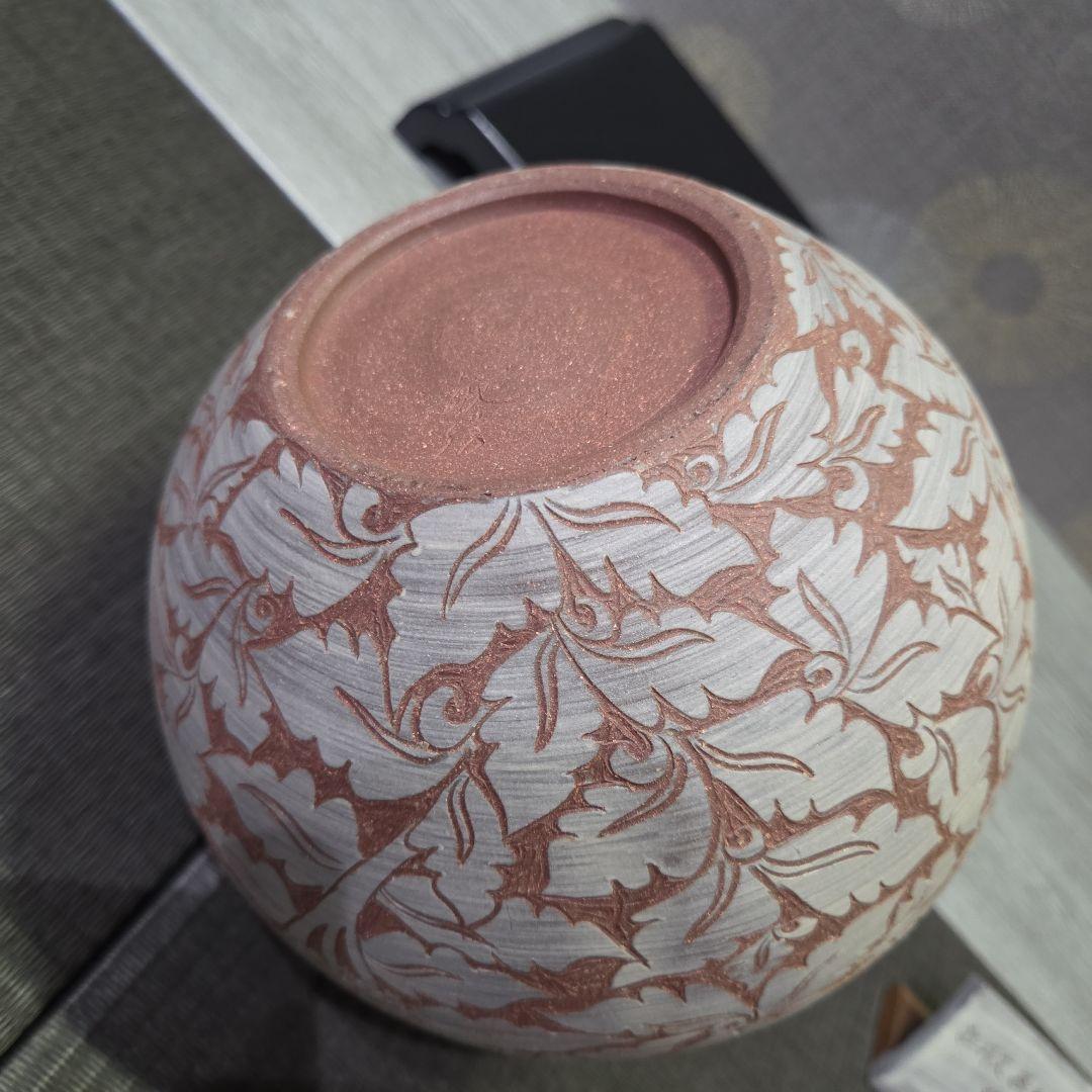 陶器製 花柄 丸形壺 中型