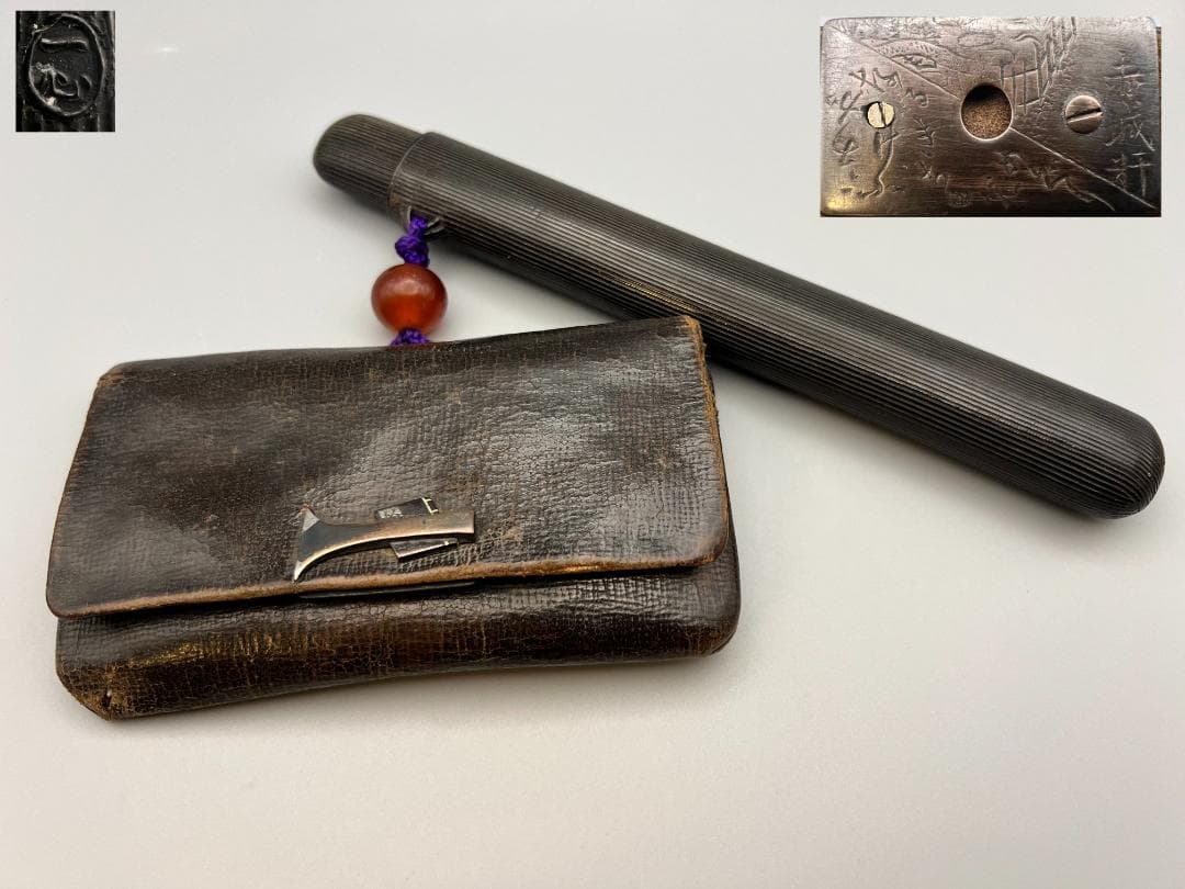 江戸明治時代　斧形前金具　銀象嵌　裏金具在銘　キセル入れ一心在銘　瑪瑙珠根〆