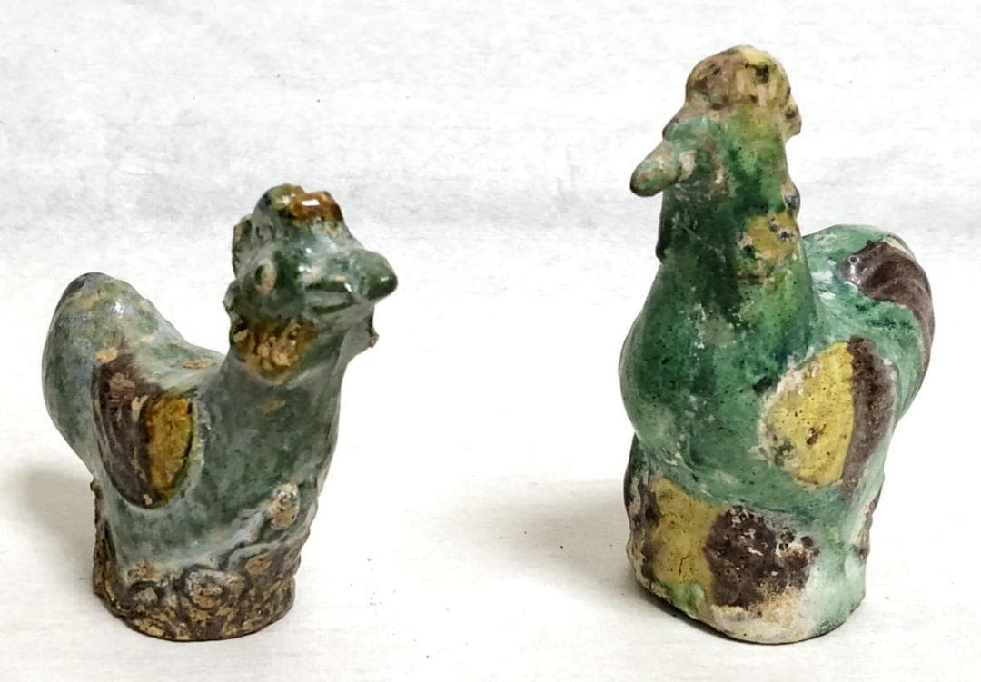唐時代 唐三彩対鶏 伝世品焼物 保証 陶器 中国美術 ウブ品 WWTT174