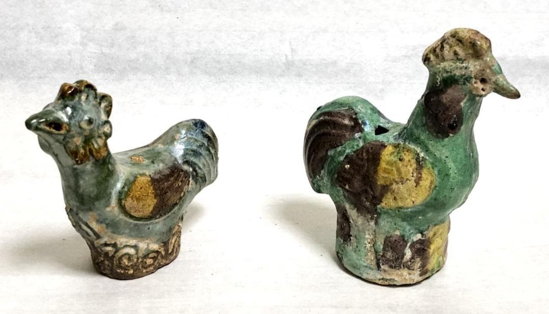 唐時代 唐三彩対鶏 伝世品焼物 保証 陶器 中国美術 ウブ品 WWTT174