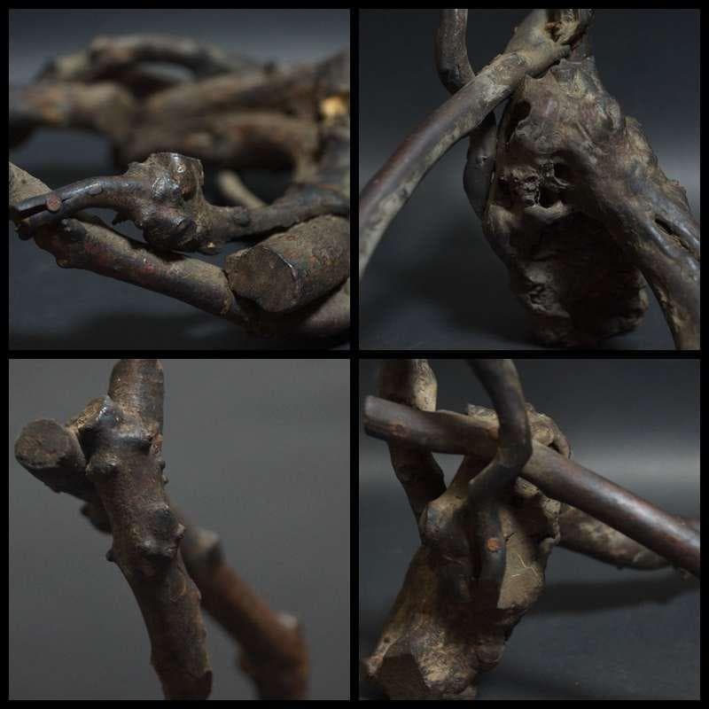 明治期 古竹編 瓢箪形花籠 古木置台 網代細工花籠 花器 花入 花生 華道具