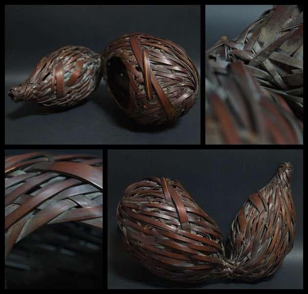 明治期 古竹編 瓢箪形花籠 古木置台 網代細工花籠 花器 花入 花生 華道具