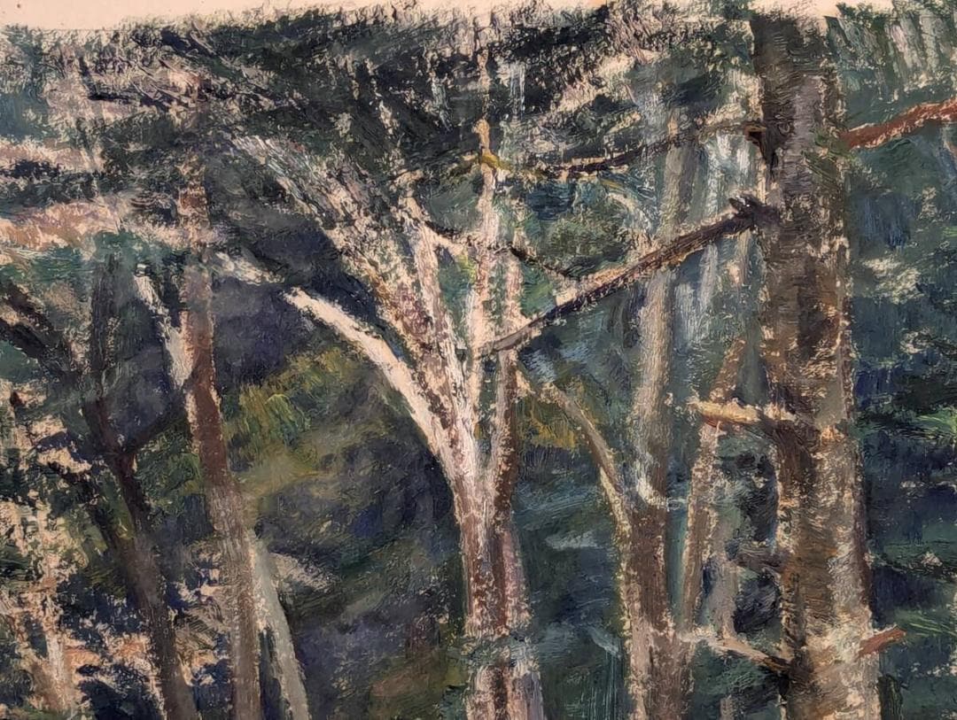 【真作】絵画　紙に油彩　森林風景　深緑の森を描く力強い筆致　自然美　U117