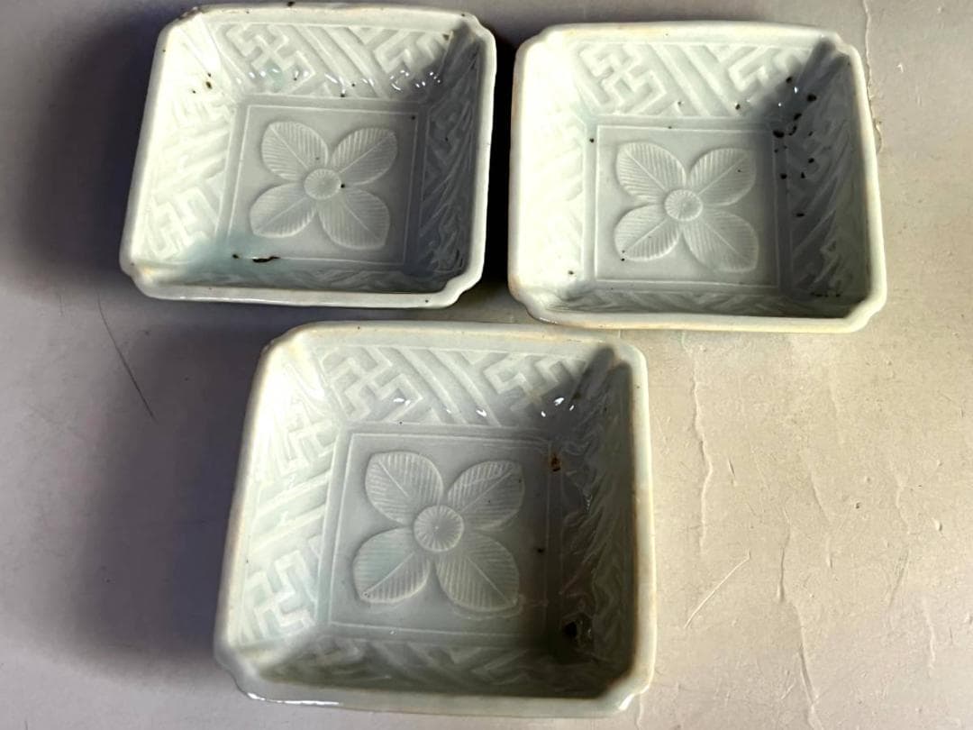 小皿■花紋四角白磁3枚 江戸期 角皿 古美術 時代物 骨董品■